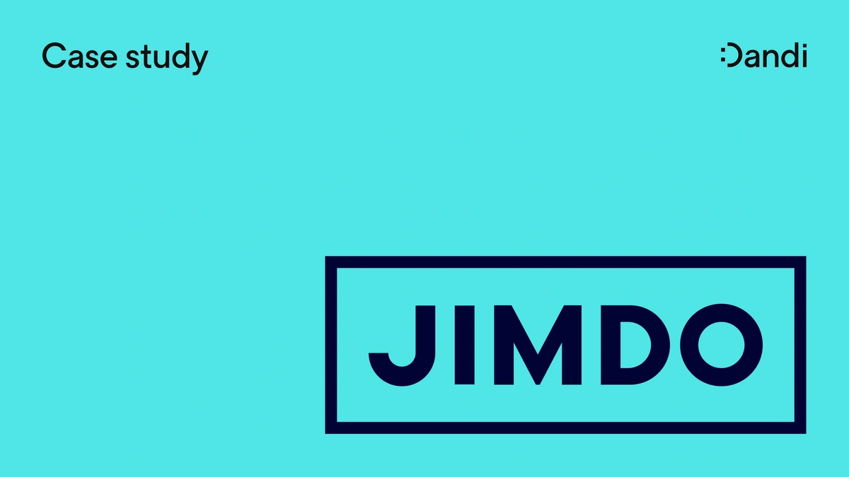 Text reads: Case study. The Jimdo logo is in the bottom right corner, and the Dandi smiley logo is in the upper right corner.