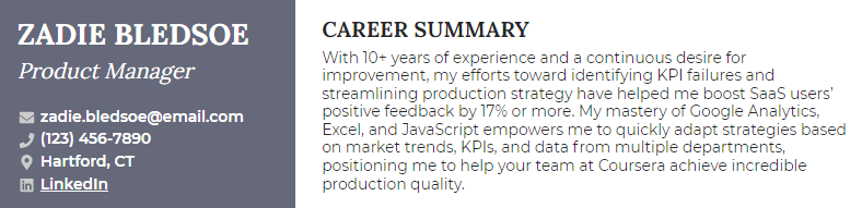 A resume summary for a product manager with 10+ years of experience