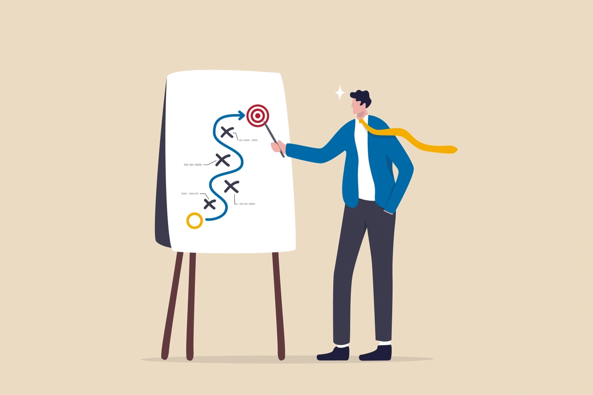 Illustration of a man pointing to a strategy chart 