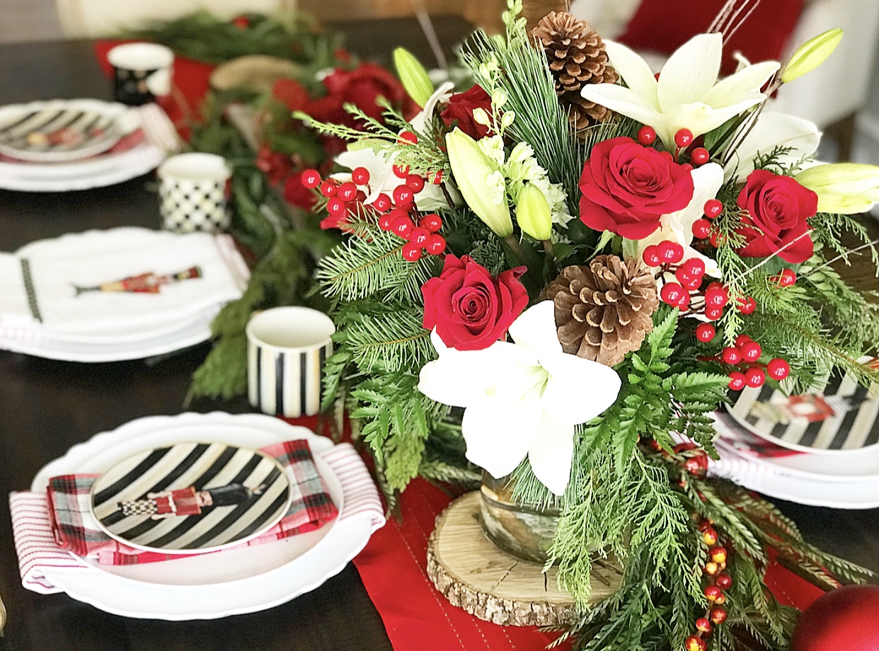 Christmas Table Centerpiece with Red Roses, White Lilies, Holly and Pine