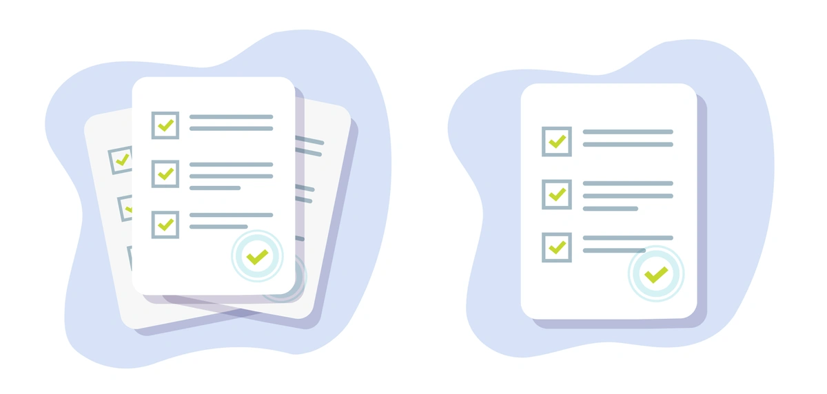 The second image shows a set of checklists with multiple items ticked off, indicating task completion or meeting objectives.