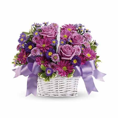 Purple Easter flowers delivery purple roses in white basket