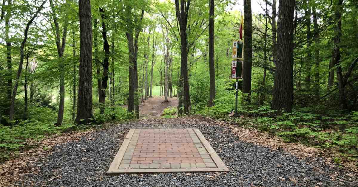 A rectangular brick tee pad in the woods just in front of a slope