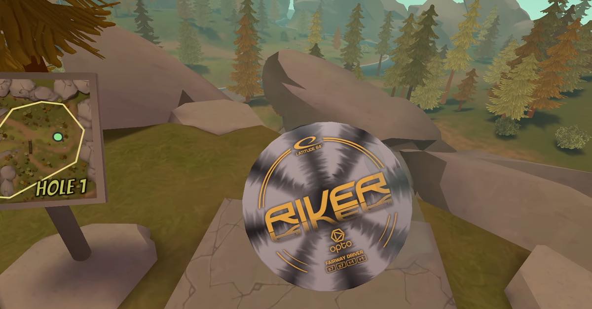 Animated alpine scene with a gray disc golf disc front and center that has "RIVER" written on it in gold lettering