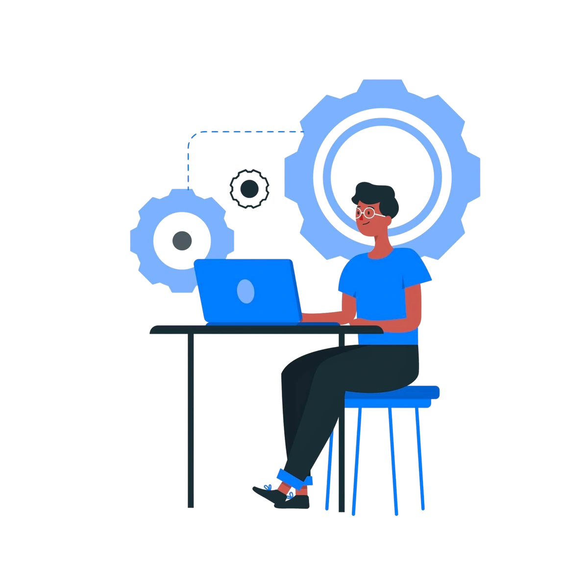 Illustration of a developer working on a laptop with gears in the background, symbolizing software development and automation.