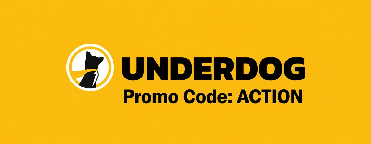 Underdog Fantasy logo on a yellow background with black &ldquo;UNDERDOG&rdquo; text and &ldquo;Promo Code: ACTION&rdquo; displayed below.