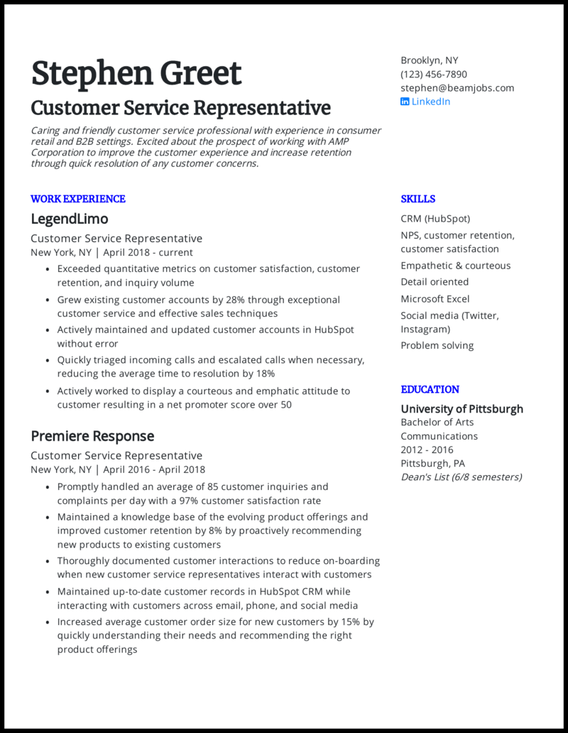 5 Customer Service Resume Examples For 21