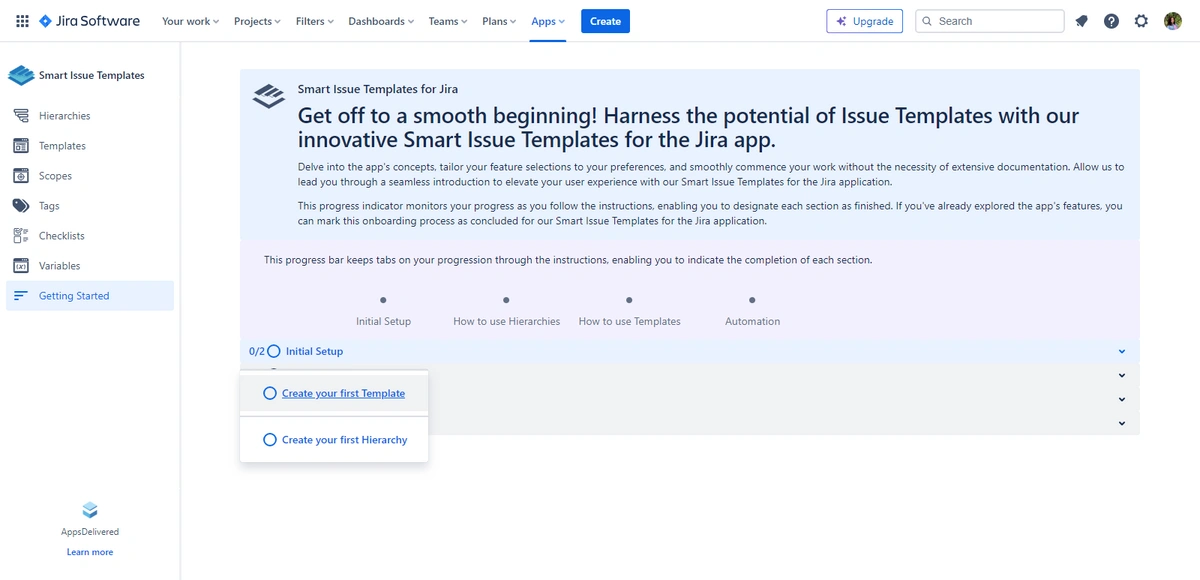 Screenshot of Jira Software's introductory page for Smart Issue Templates, offering a guide on creating templates and hierarchies with a progress tracker.