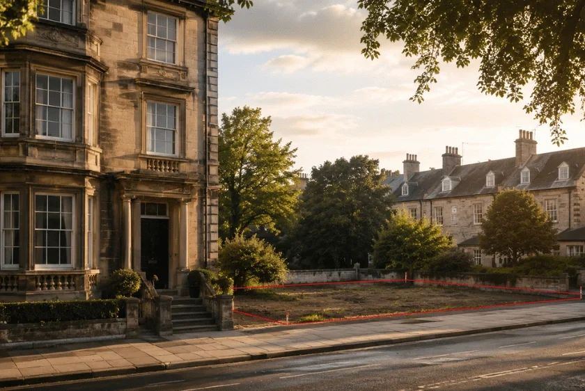Historic stone building beside a vacant development plot marked with red boundary lines in a UK conservation area at golden hour.
