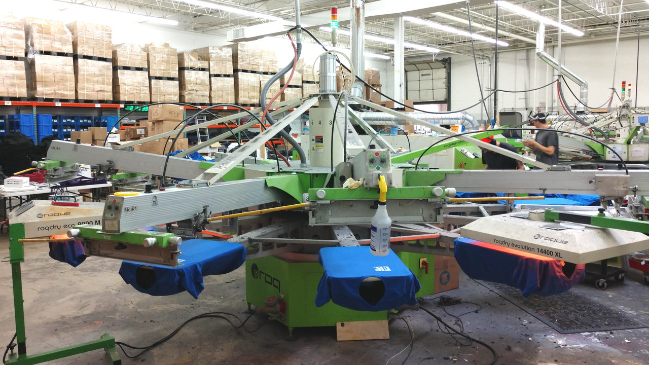 A ROQ screen printing machine at Barrel Maker Printing in Chicago, IL