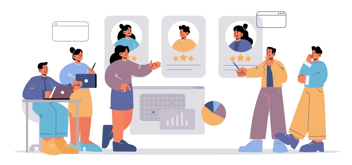 A colorful graphic of a collaborative team in a business environment with digital profiles and star ratings floating above, suggesting a customer feedback system or performance review process with employees engaging with digital tablets and interacting with data.