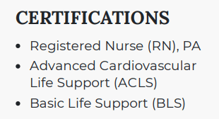 Resume certifications section example for a nurse