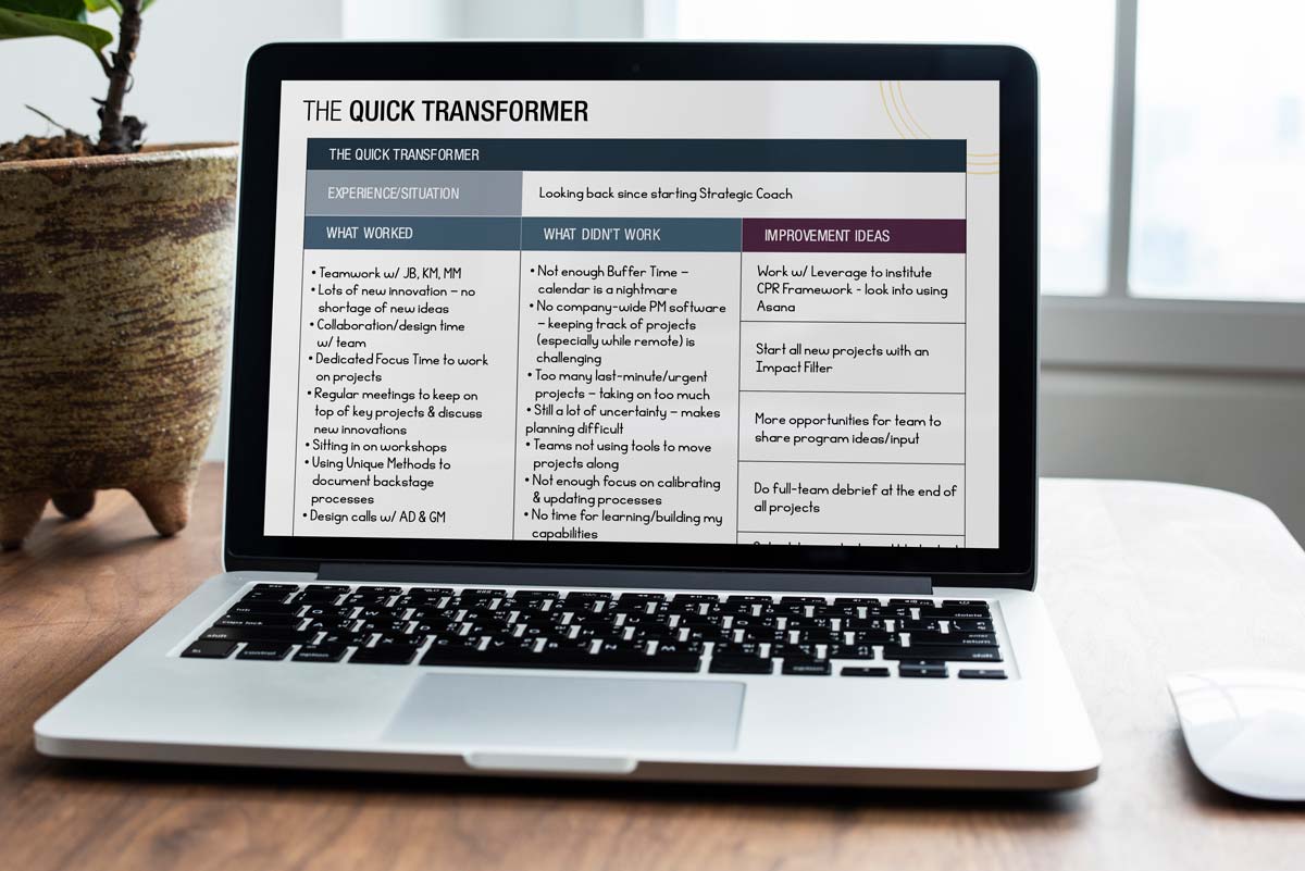 laptop on desk with strategic coach tool for entrepreneurs, the quick transformer.