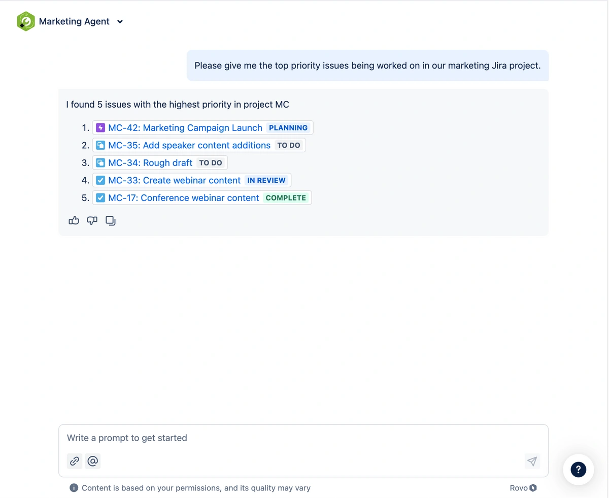 Marketing agent displaying top 5 priority Jira issues with statuses like Planning, To Do, and Complete, based on a user query.