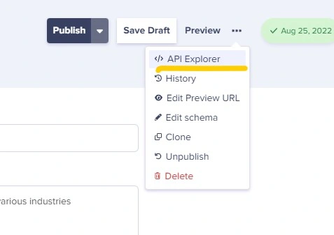 API explorer located in the drop down menu of the three elipses