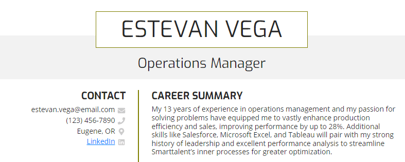 A resume summary for an operations manager with 13 years of experience