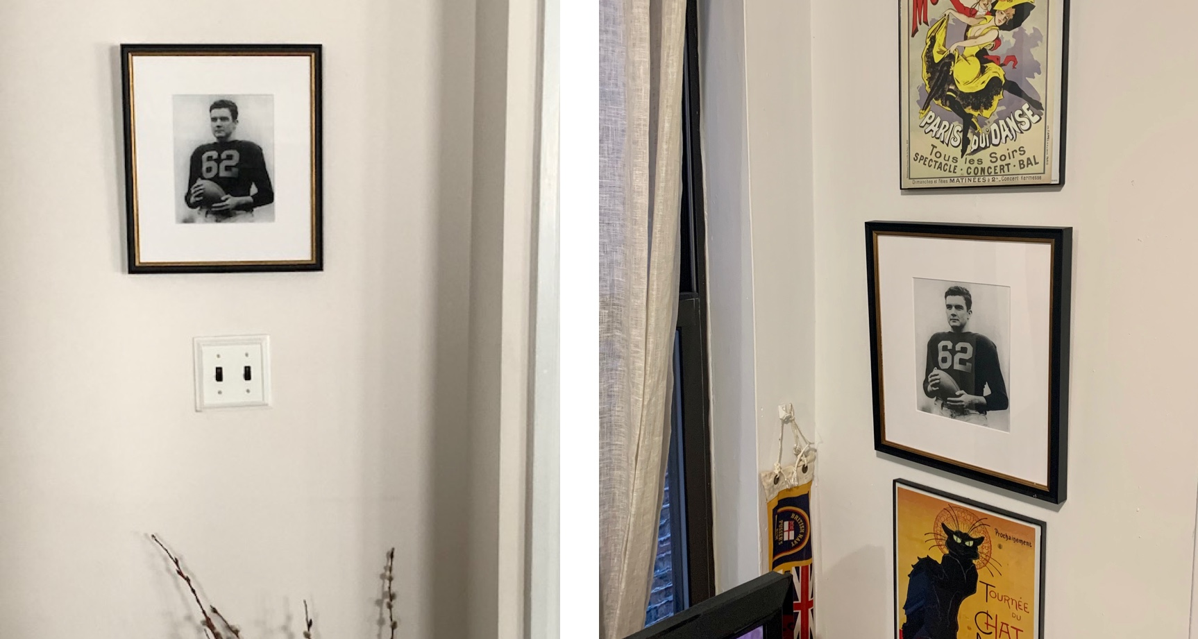 framed football portraits in two homes
