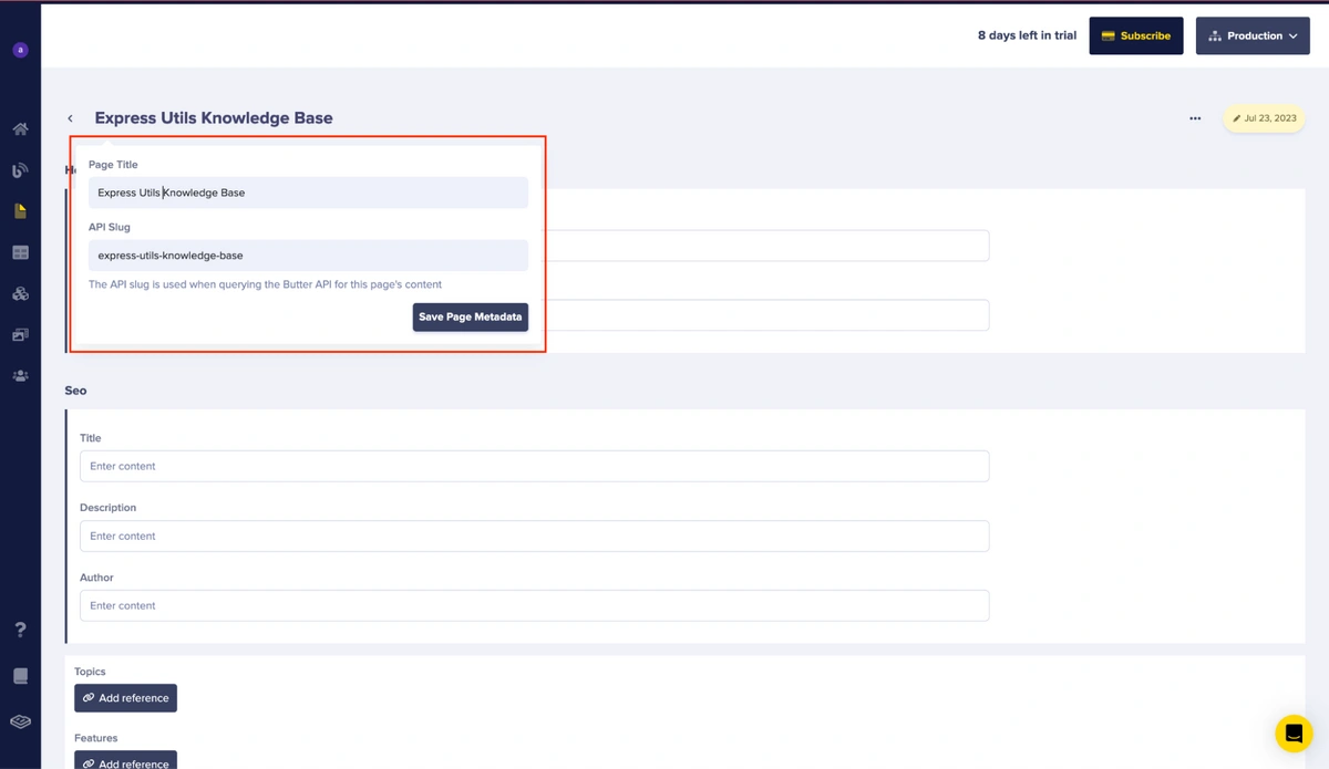 Input and save page metadata