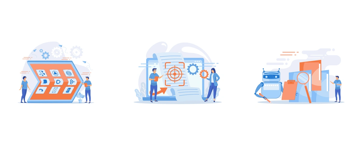 A series of vector illustrations depicting teams engaging with digital interfaces and diagrams, representing collaborative work in technology and strategy planning.