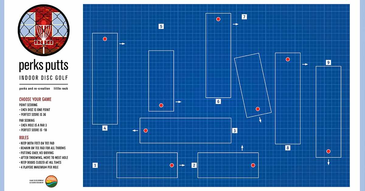 An indoor disc golf course layout with rules