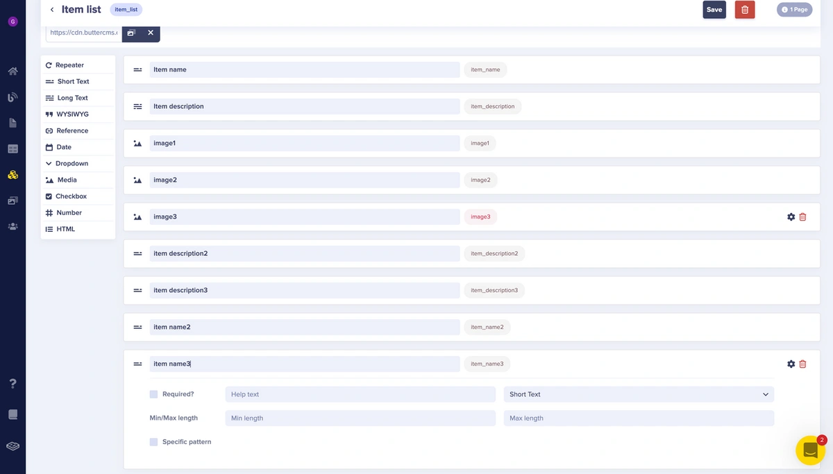 Item list component configuration