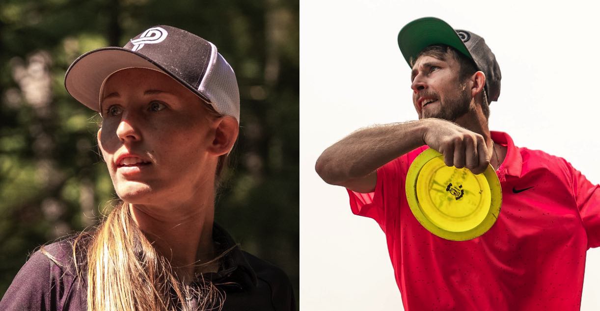 Two photos. One of a young woman and one of a young man about to throw a disc. Both are wearing caps.