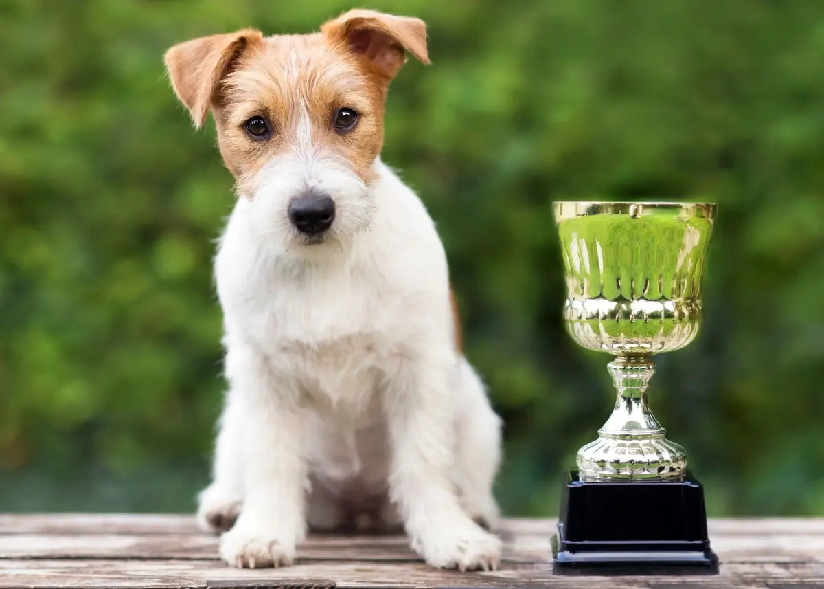 A Jack Russell Terrier sits next to a gold trophy