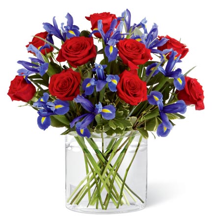 where iris flowers come from with red rose and blue iris bouquet