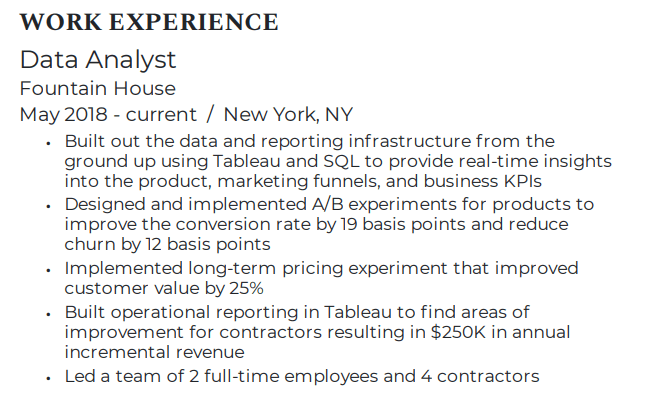 Resume work experience example for a data analyst