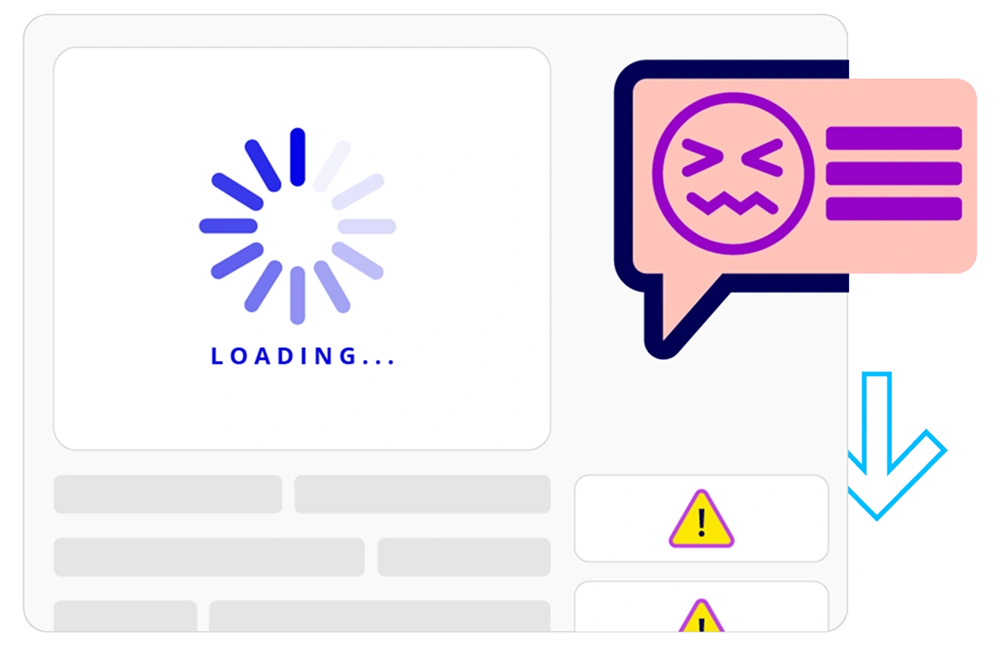 Errors, infinite loading icon and angry face presenting how creating websites isn't easy to do.