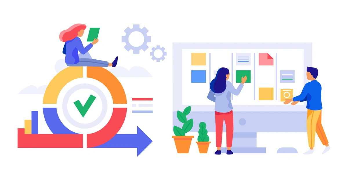 A colorful illustration of a woman sitting on a large circular diagram with a check mark, while another person interacts with a Kanban board, representing task completion and workflow management.