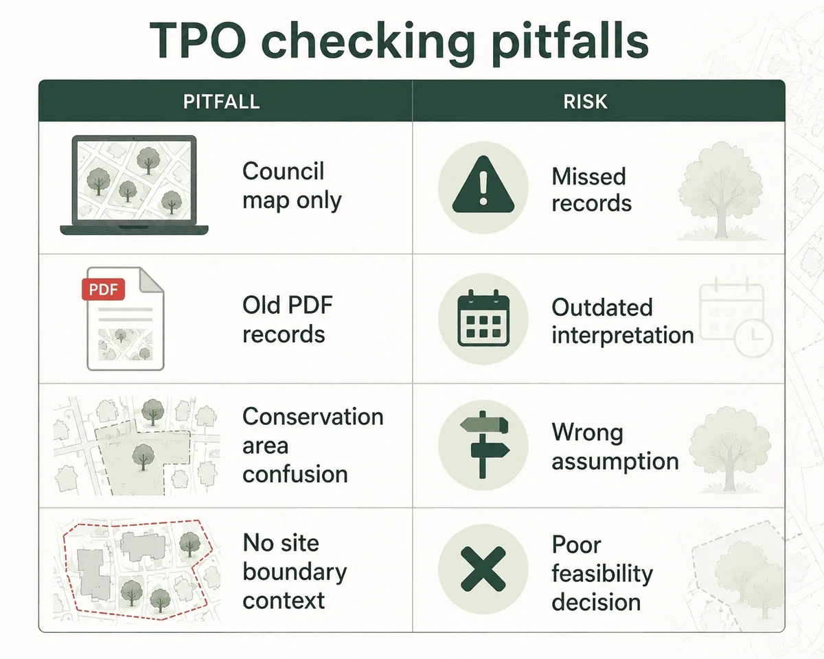 Infographic table showing common TPO checking pitfalls and planning risks.
