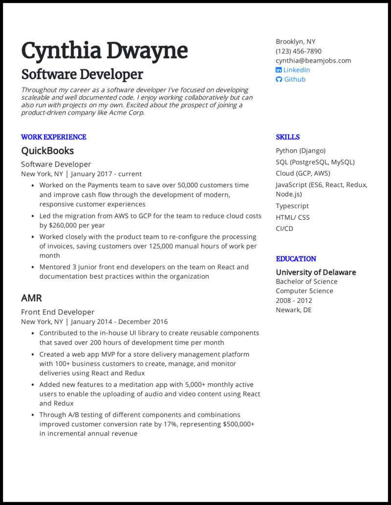 resume template for software developer experienced