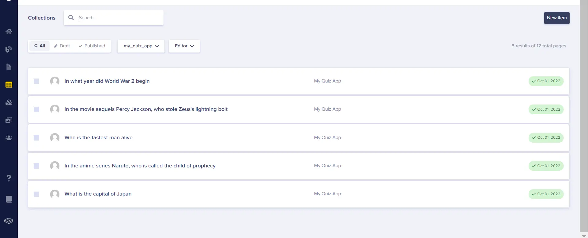 List of published questions as collection items in the My Quiz App collection.