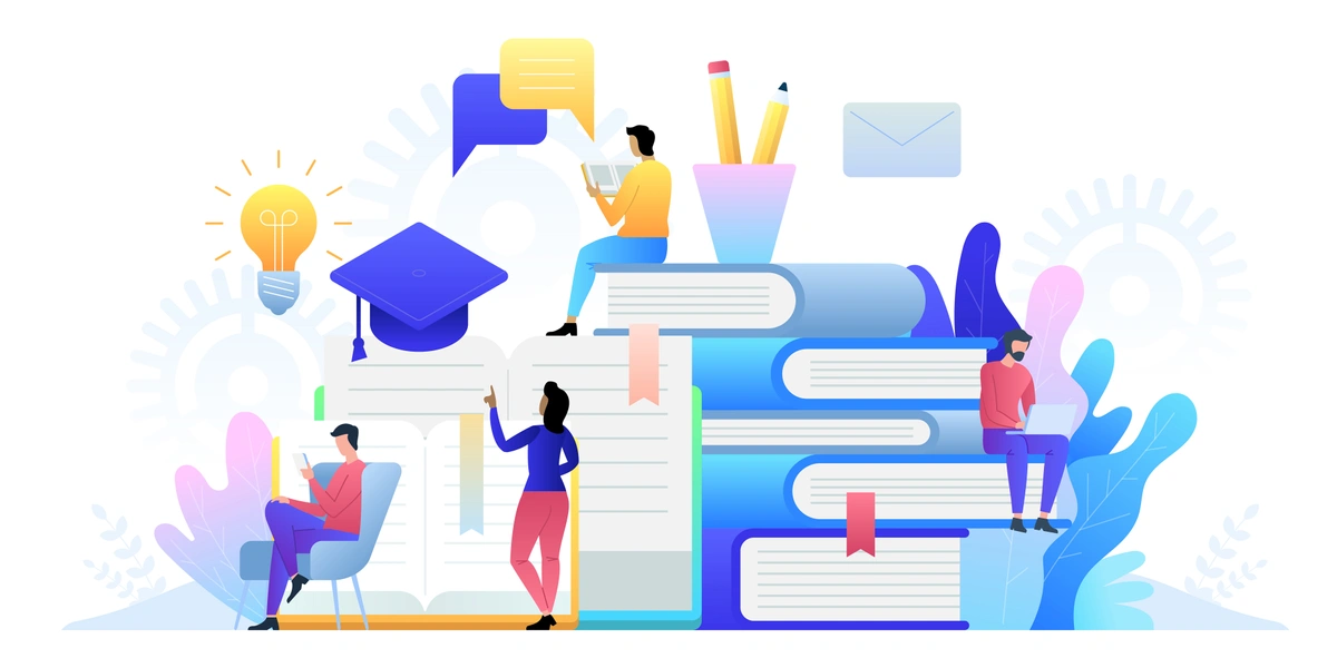 A vibrant and colorful vector illustration of diverse people engaged in learning and studying around large stacked books, with educational icons like a graduation cap, light bulb, and email, representing the concept of collaborative learning and online education.