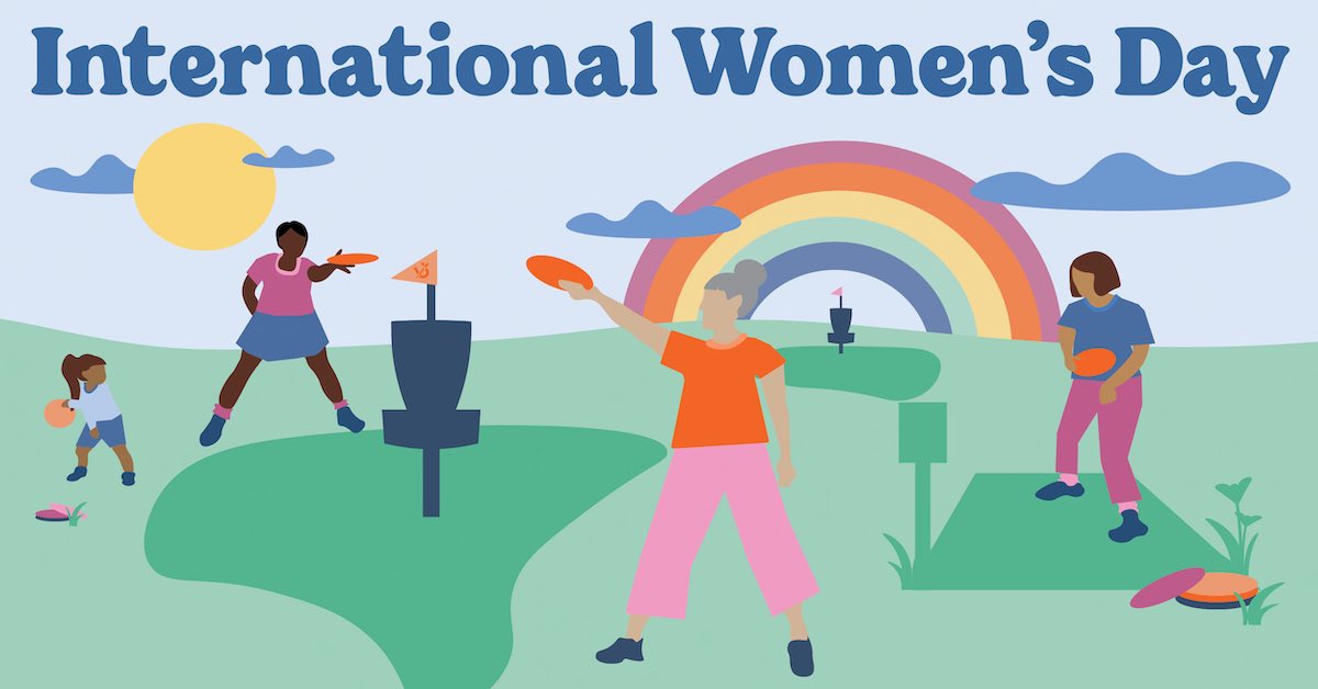 Illustrations of women playing disc golf