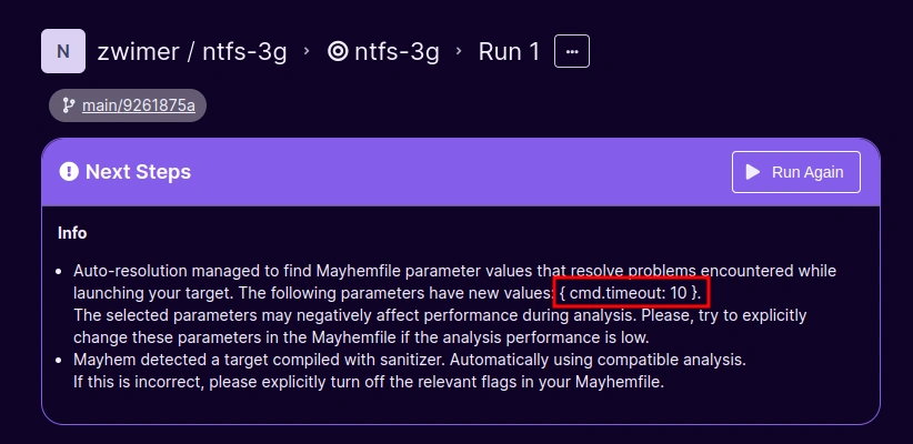 Automatic error recovery by Mayhem, caused by an insufficient initial timeout of 2 seconds.