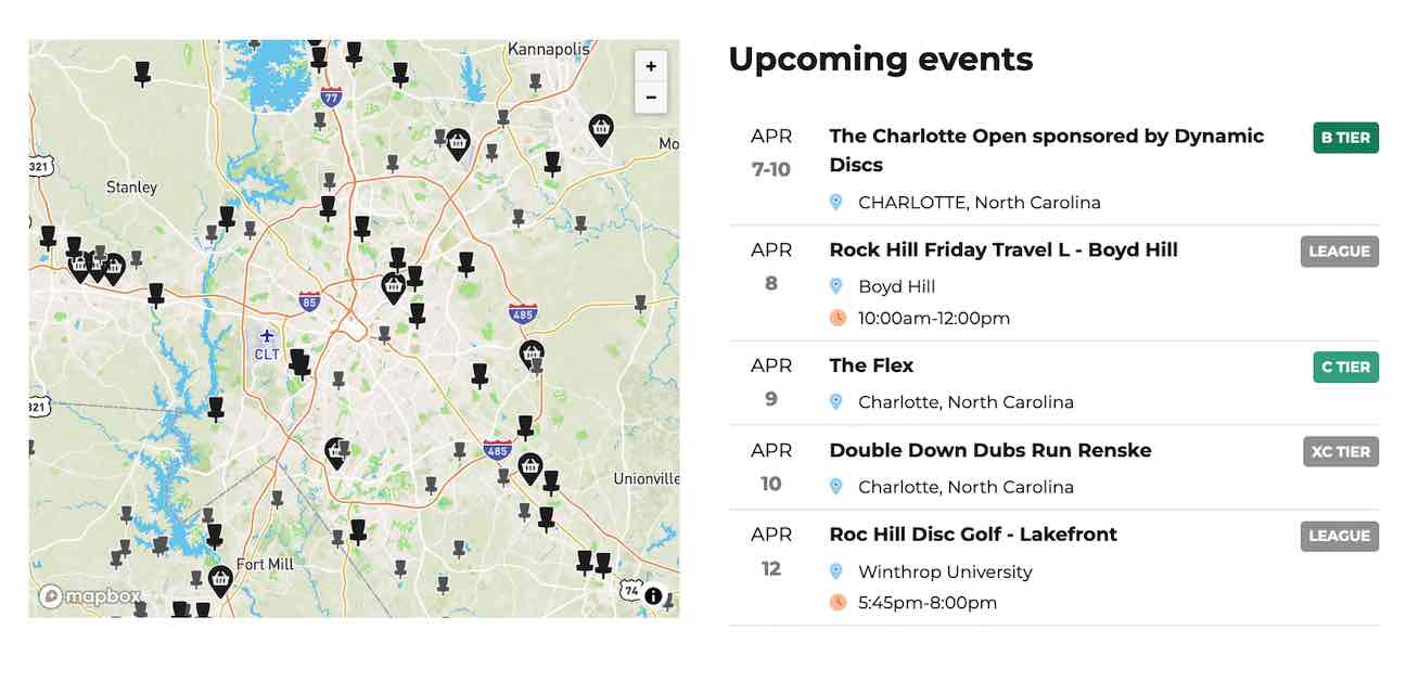 Map with list of disc golf events next to it