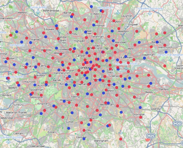 Ambulance (blue) and Fire Stations (red) in London by Spatiametrics