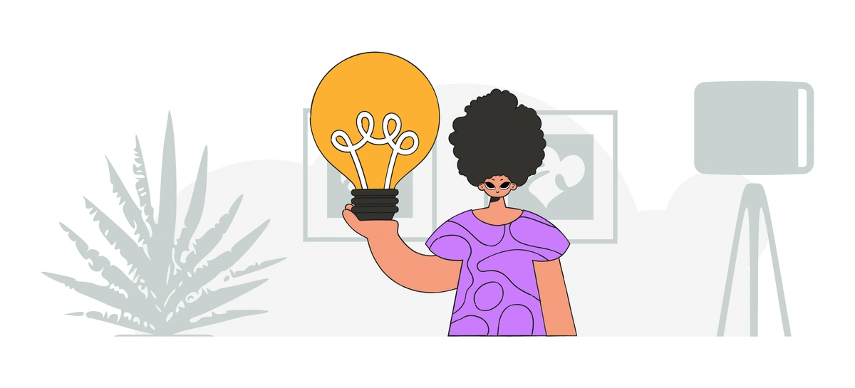 A flat design illustration of a woman holding a large lightbulb filled with smaller lightbulbs, indicating innovation or brainstorming.