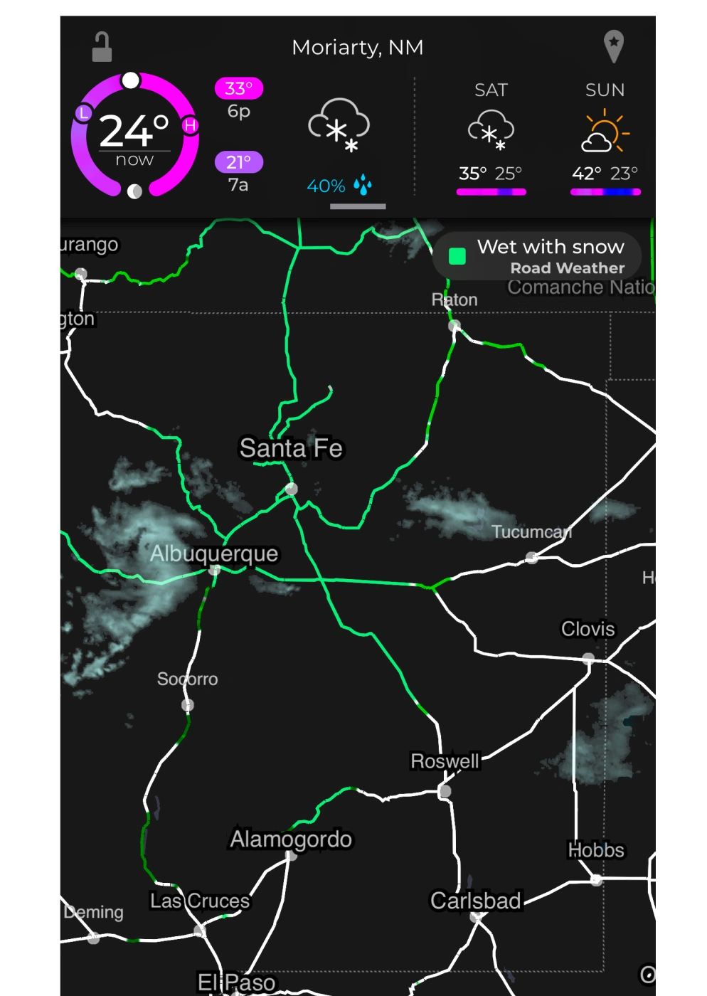 Screenshot of the MyRadar app showing road weather