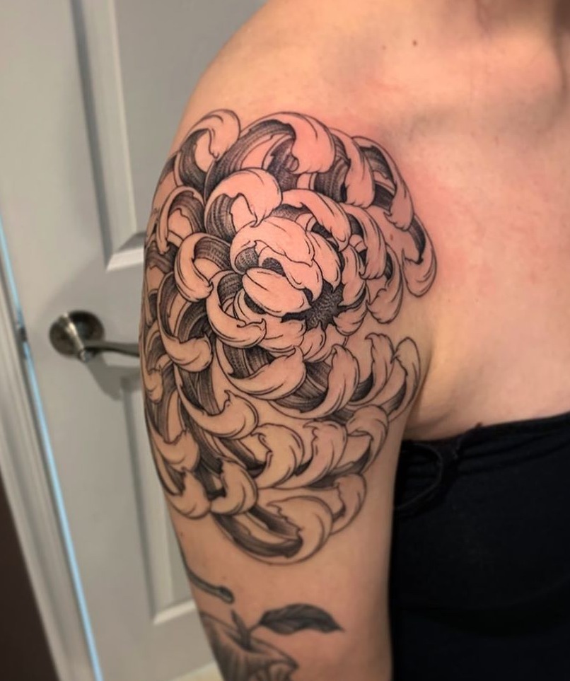 chrysanthemum tattoo in black and grey