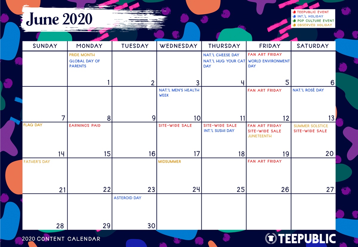 June Content Calendar TeePublic TeePublic