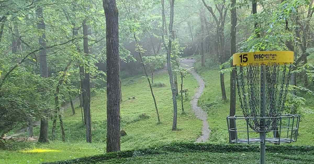 A yellow-banded disc golf basket in a wooded, hilly area