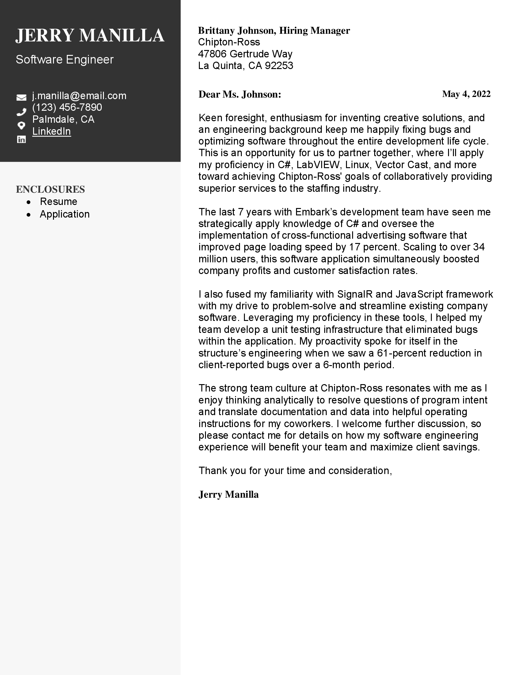 Software engineer cover letter with black contact header