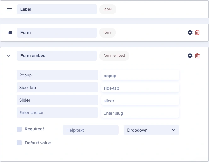 Navigation Link Typeform Button component schema in Butter