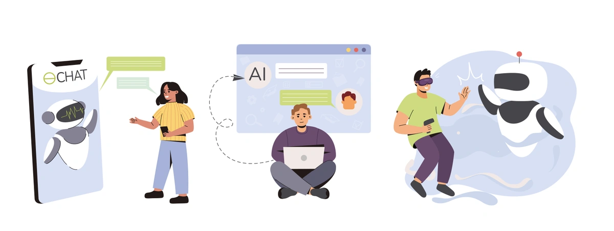 A sequence of individuals interacting with various AI and chatbot interfaces, depicting modern communication technology in use.