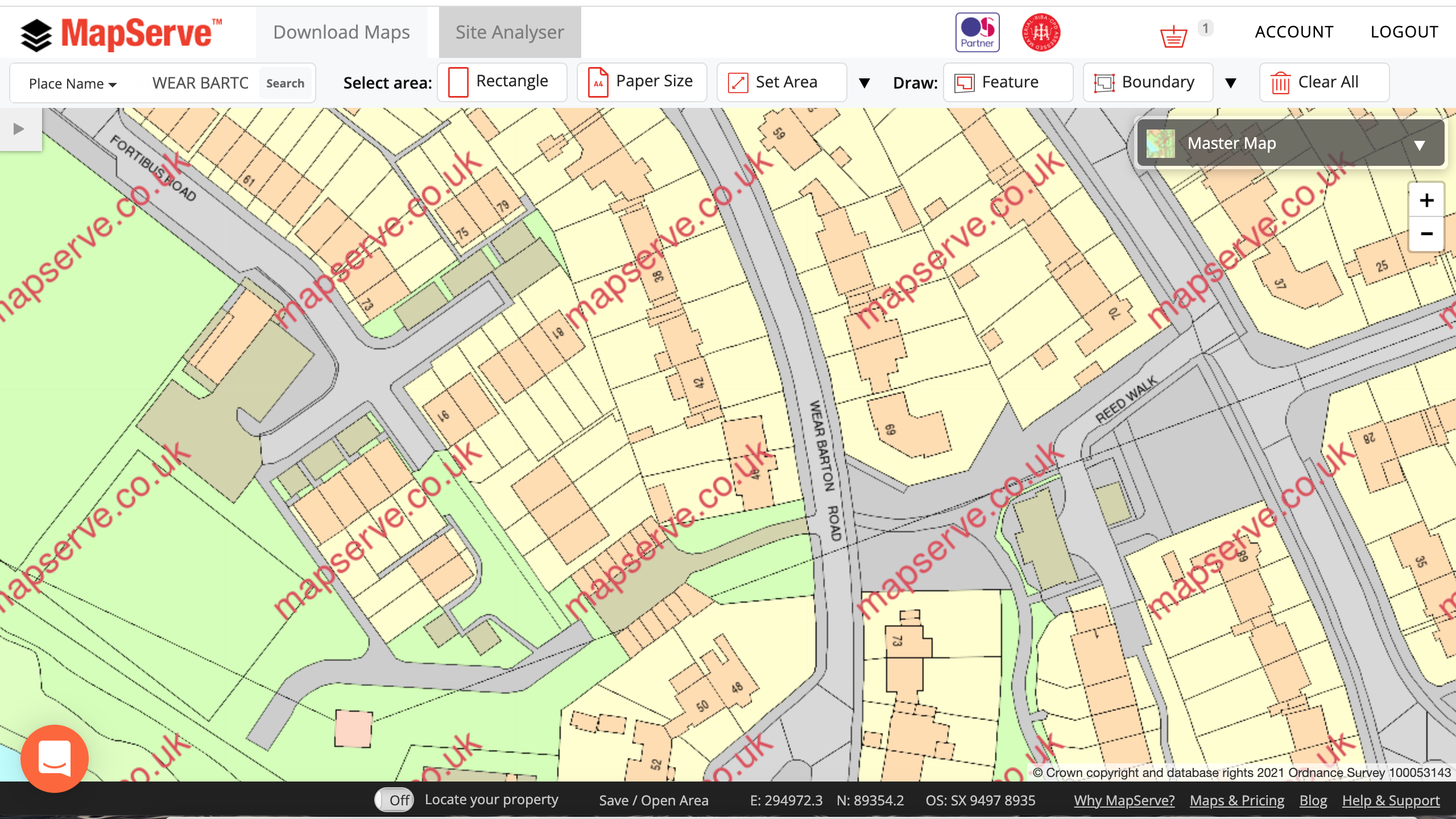 OS MasterMap® preview page on MapServe®