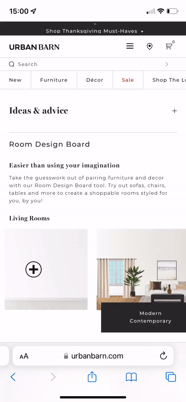 Mobile view of Room Creator on Urban Barn's website