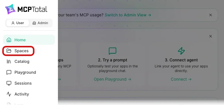 The MCPTotal user dashboard highlights the Spaces option in the menu.